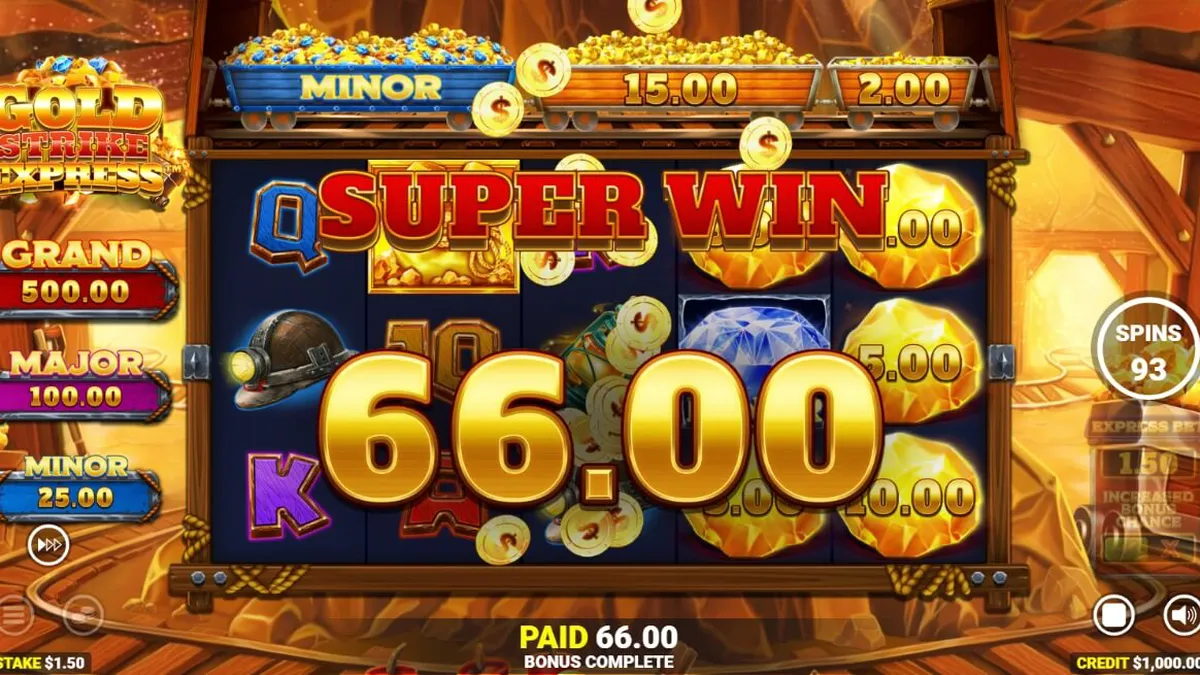 Tampilan visual slot Gold Strike Express dengan tema pertambangan dan rel kereta api.
